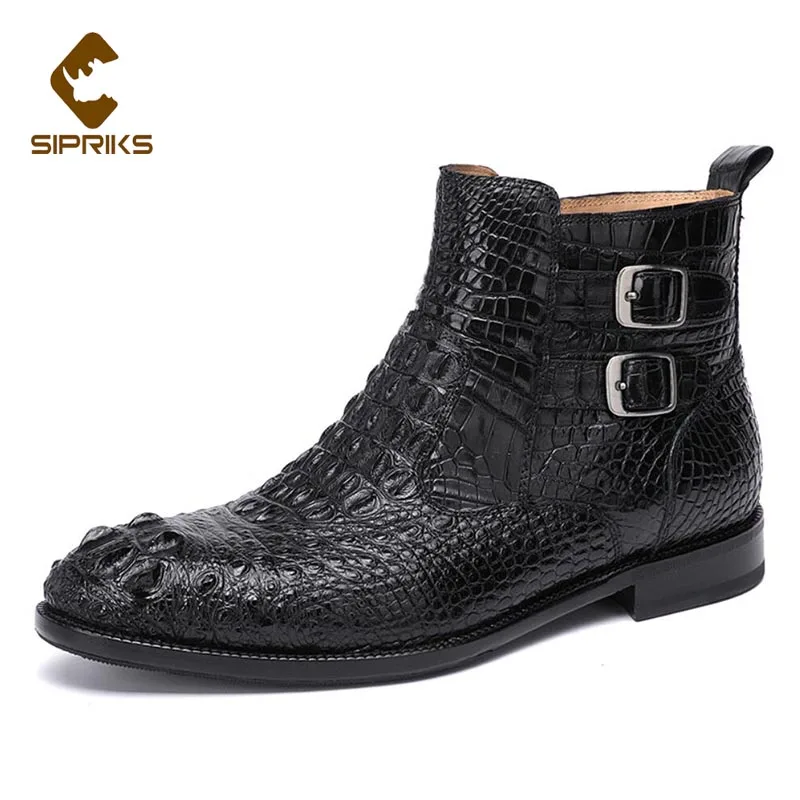 

Sipriks Mens Real Crocodile Skin Boots Italian Handmade Goodyear Welted Dress Shoes Black Double Monk Straps Zip Boots Ankle 45
