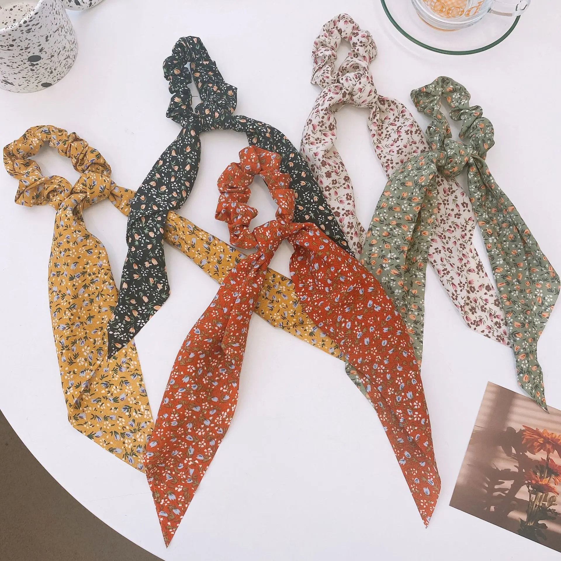 

Floral Print Scrunchies Hair Ties Bow Long Ribbon Elastic Hair Rubber Bands Accessories for Women Girls Ponytail Holder Headband
