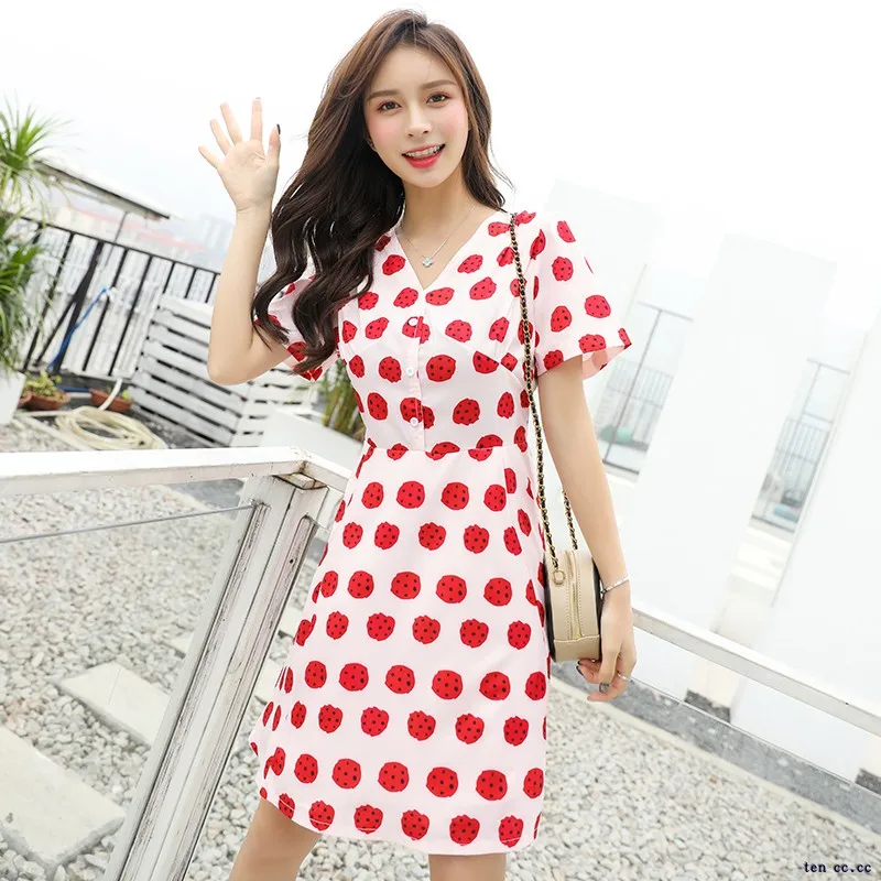 

Vintage Slim Strawberry Dress Printed Waist Dresses for Girls Strawberry V-neck Dress Korean Short Sleeve Dress Summer Clothes