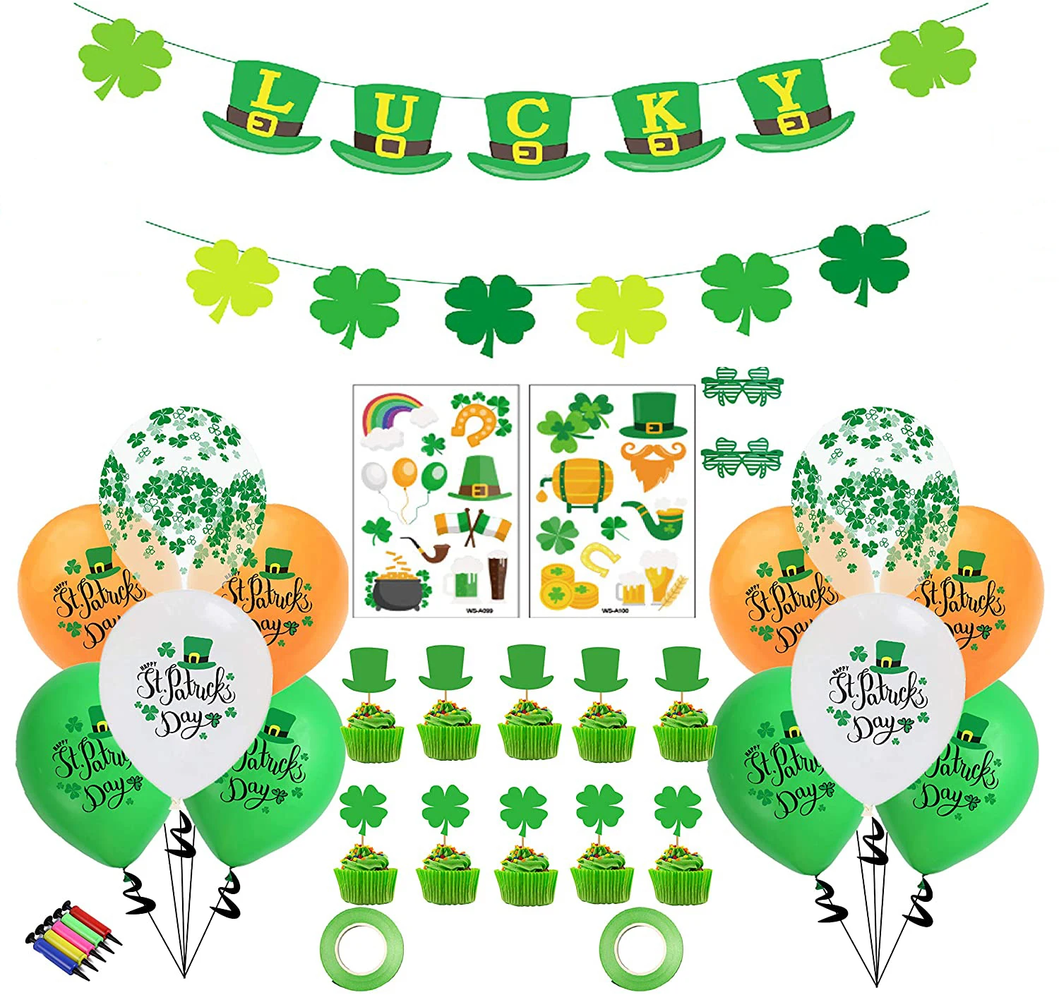 

St Patricks Day Decorations Balloon Green Lucky Irish Party Sets Saint Patty Shamrock Hanging Swirls Clover Banners Cake Flag