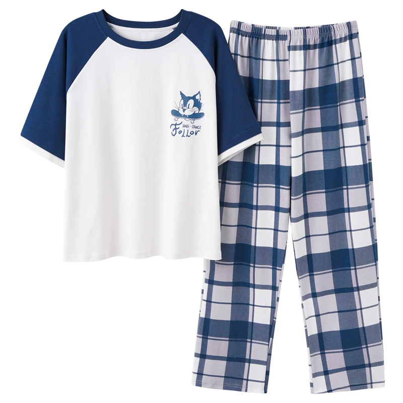 

Cute Blue Lattice Print Cartoon Couple Pajamas Set Cotton Women & Men Nightwear Summer Casual Short Sleeved Homewear Sleepwear