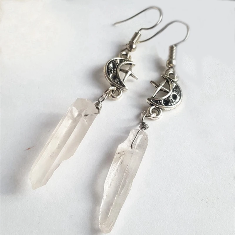 

Clear Quartz Moon Earrings - Boho, Witchy, Natural Stones, Esoteric, Celestial, Alternative, Nugoth, Gothic, Romantic.star Gift