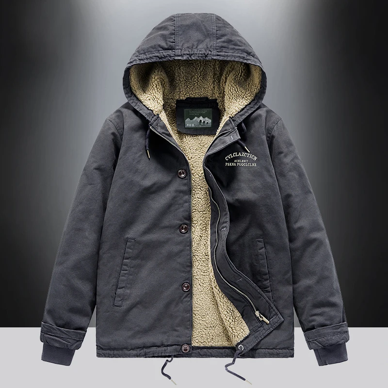 

2021 New Men Warm Winter Hooded Thick Fleece Parkas Jacket With Hat Coat Men Outdoor Military Pockets Loose Parka Jacket