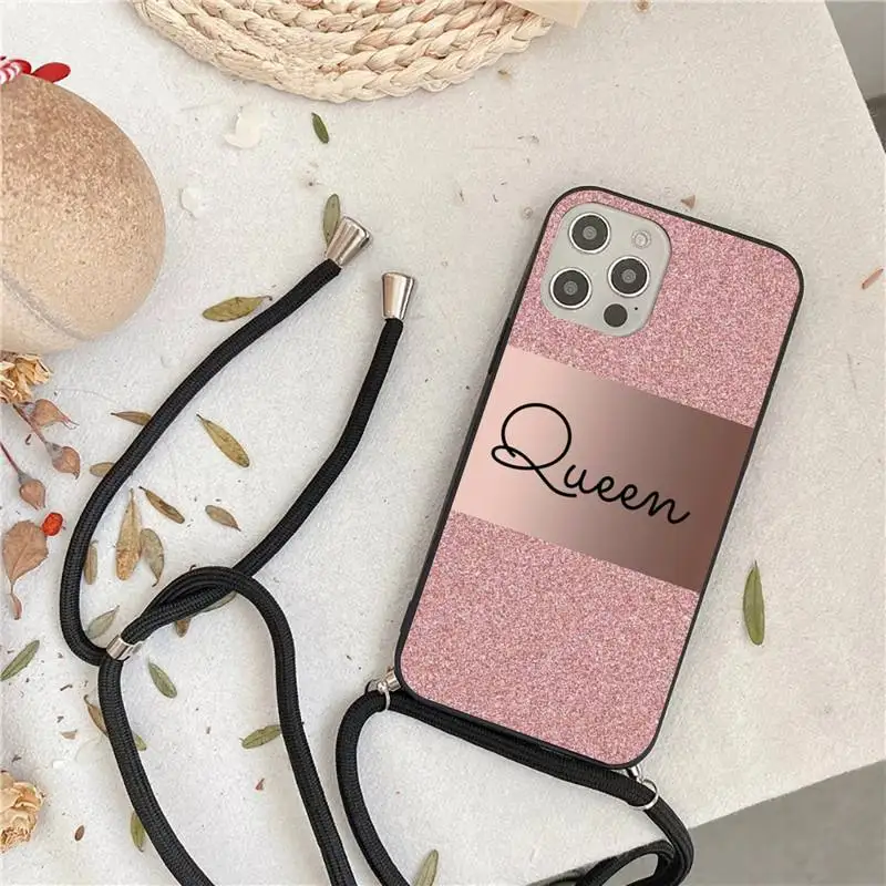 

Gold Rose Glitter Love Phone Case For iPhone 7 8 11 12 X XS XR MINI Pro Max Plus Strap Cord Chain Lanyard soft