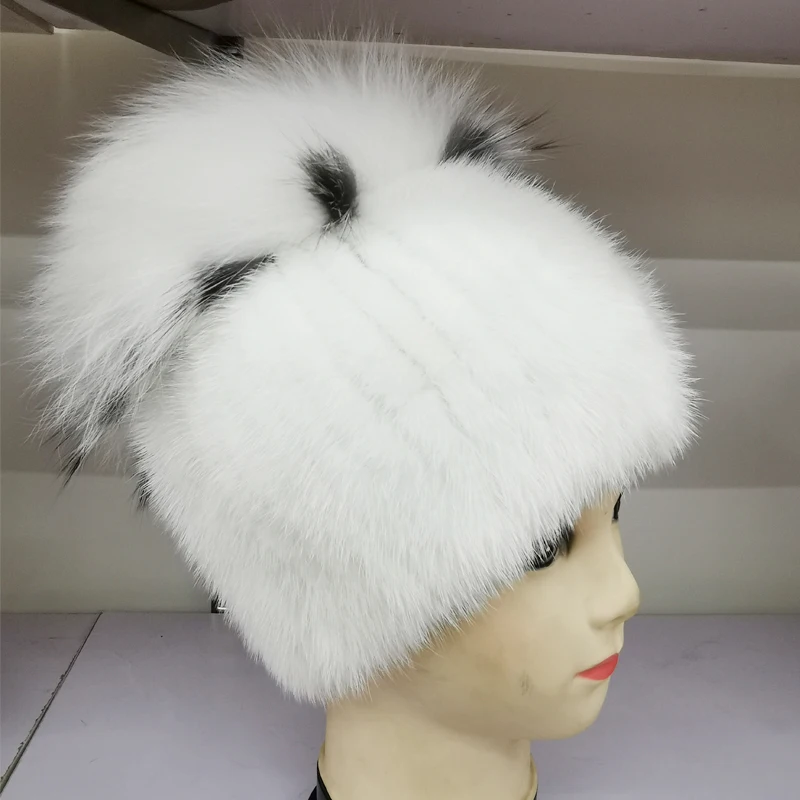 high quality Mink Fur hat for women natural Mink Fur Hats with Luxury Big Pompom Fox Fur Ball Beanies winter women's cap lady