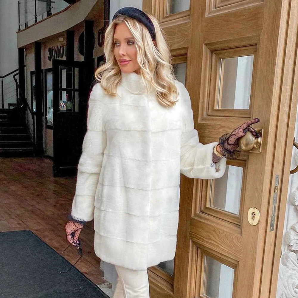 Women Natural Mink Fur Jacket Medium Length High Quality Genuine Fur Overcoats Luxury Woman Real Mink Fur Coats Casual Outwear