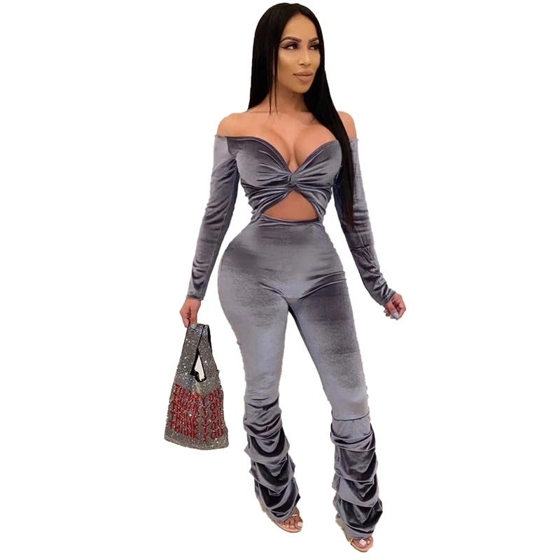 gray jumpsuit Adogirl, женский модный сексуальный вельветовый комбинезон, крученый вырез, v-образный вырез, с открытыми плечами, длинный рукав, Облегающий комбинезон с рюшами, штаны, Комбинезоны - Цвет: gray jumpsuit