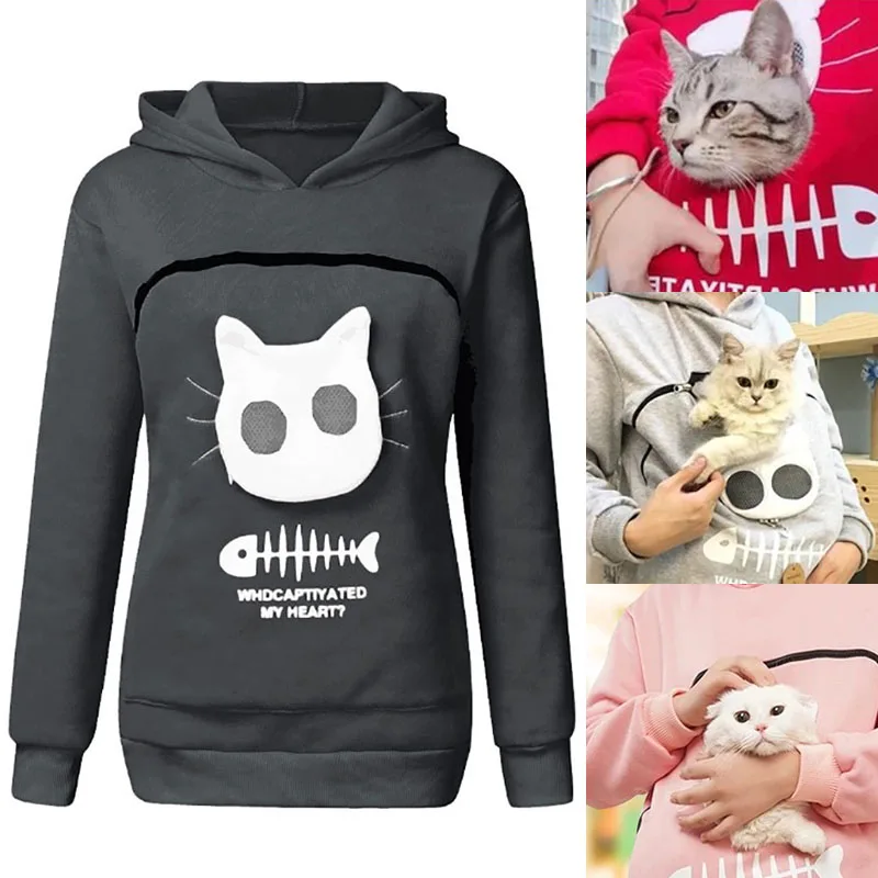

Брендовая толстовка с котом и держателем, женские повседневные Модные хлопковые пуловеры на молнии с животными, толстовки с карманами для в...