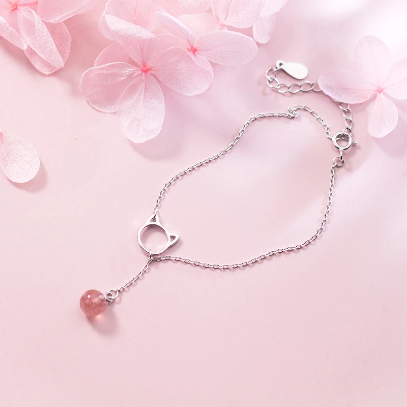 Браслет из серебра 100% пробы с котом и клубничным кристаллом|Гибкие жесткие