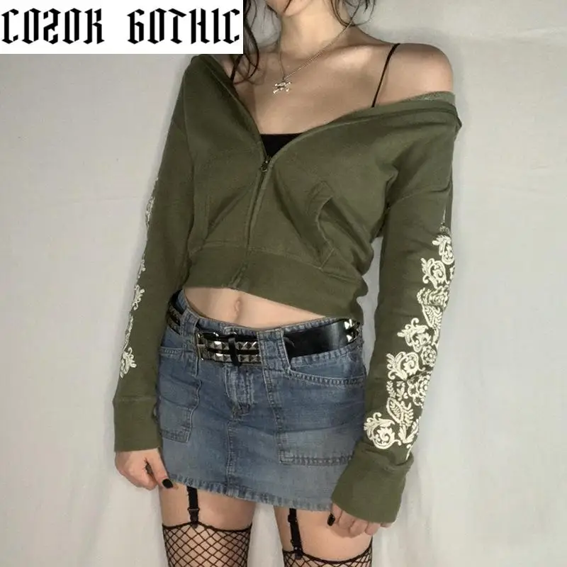 

Cozok Vintage Floral Print Green Hoodie Streetwear Grunge Long Sleeve Cropped Tops Harajuku Punk Autumn Zipper Fly Female Tops