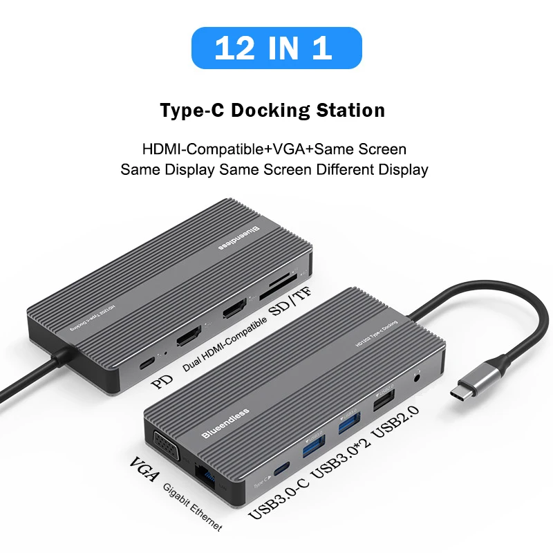 

KU01 12 IN 1 4K Hub USB Type C To HDMI-Compatible Adapter OTG PD Vga Multi Docking Station For Tv box Macbook air Dell Laptop
