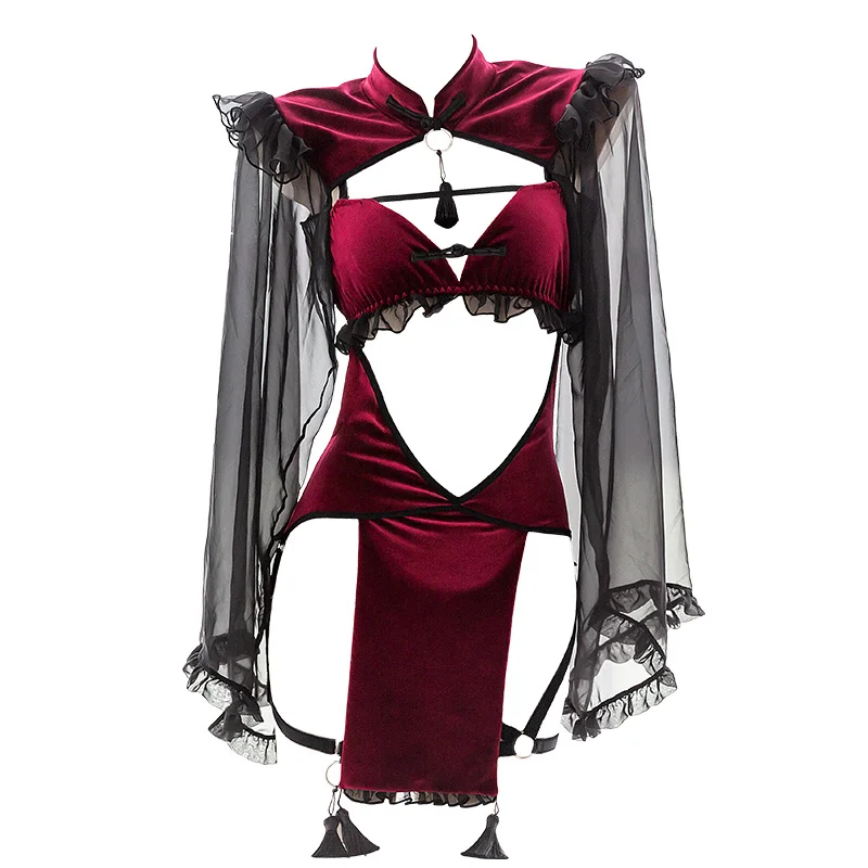 

Women Nets Yarn Retro Kawaii Battle Cheongsam Young Girl Sweet Slim Tight Hollow Out Harajuku Style Sexy Backless Dress Cosplay
