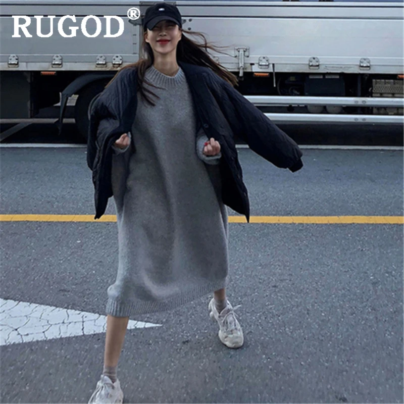 RUGOD элегантное однотонное вязаное длинное платье 2019 осень зима теплое свободное