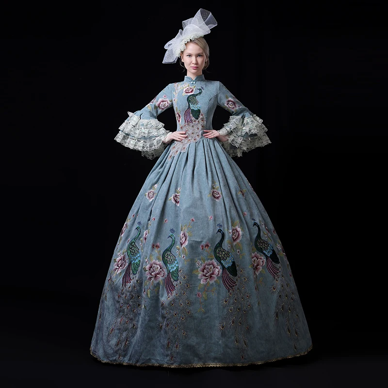 

Blue/Champagne Embroidery Medieval Renaissance Rococo Marie Antoinette Dress Victorian Period Gothic Ball Gown Halloween Costume