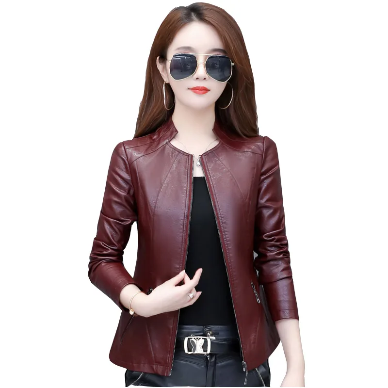 Enlarge Spring autumn new women's short leather jacket fashion slim plus size women's stand collar leathers jackets small overcoat tide