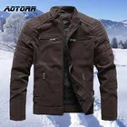 Зимняя Мужская винтажная кожаная куртка, мотоциклетная куртка из искусственной кожи с воротником-стойкой, Флисовая теплая куртка, Мужская Повседневная приталенная куртка-бомбер на молнии, пальто