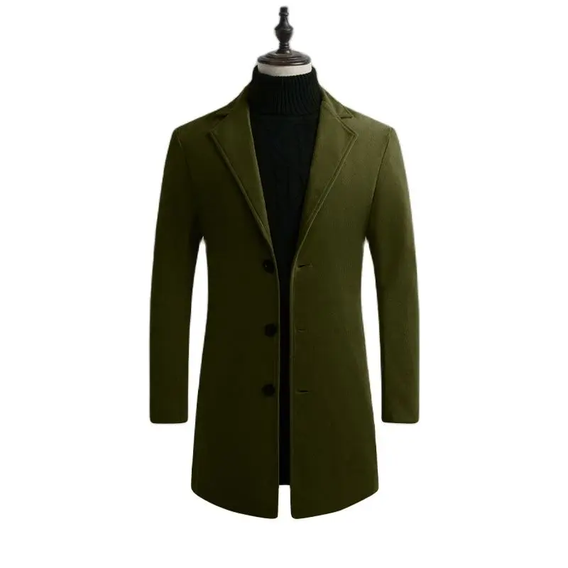 Длинное мужское пальто шерстяное с лацканами на пуговицах однотонная отделка