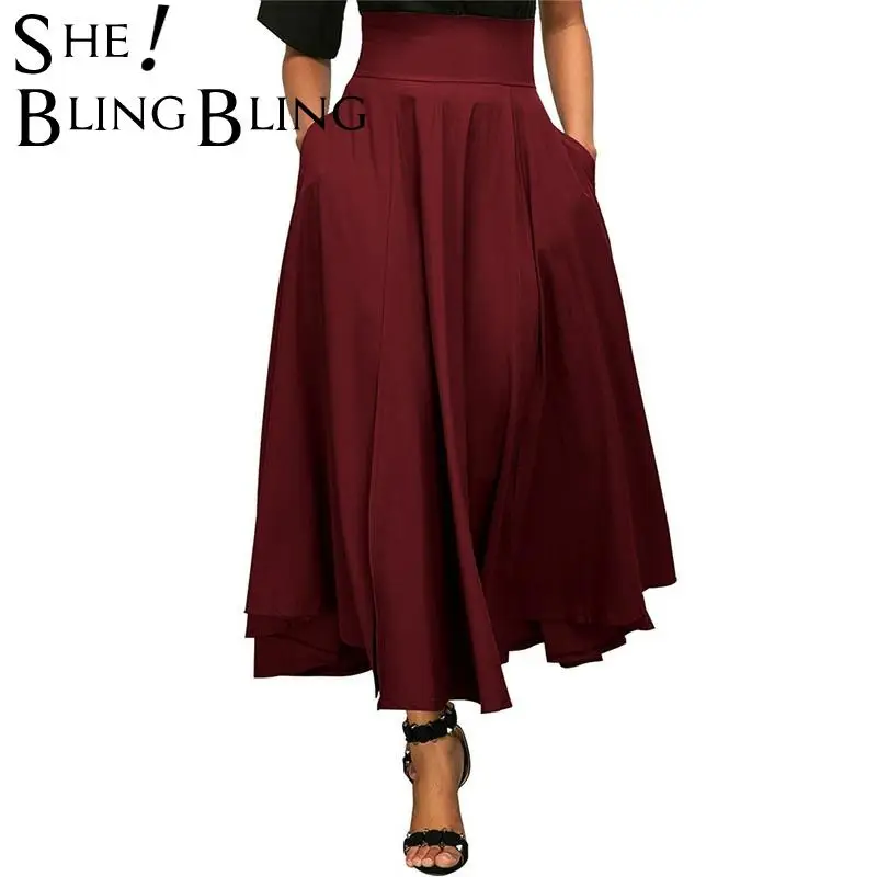 Женская юбка трапеция SheBlingBing однотонная длинная с высокой талией и двумя