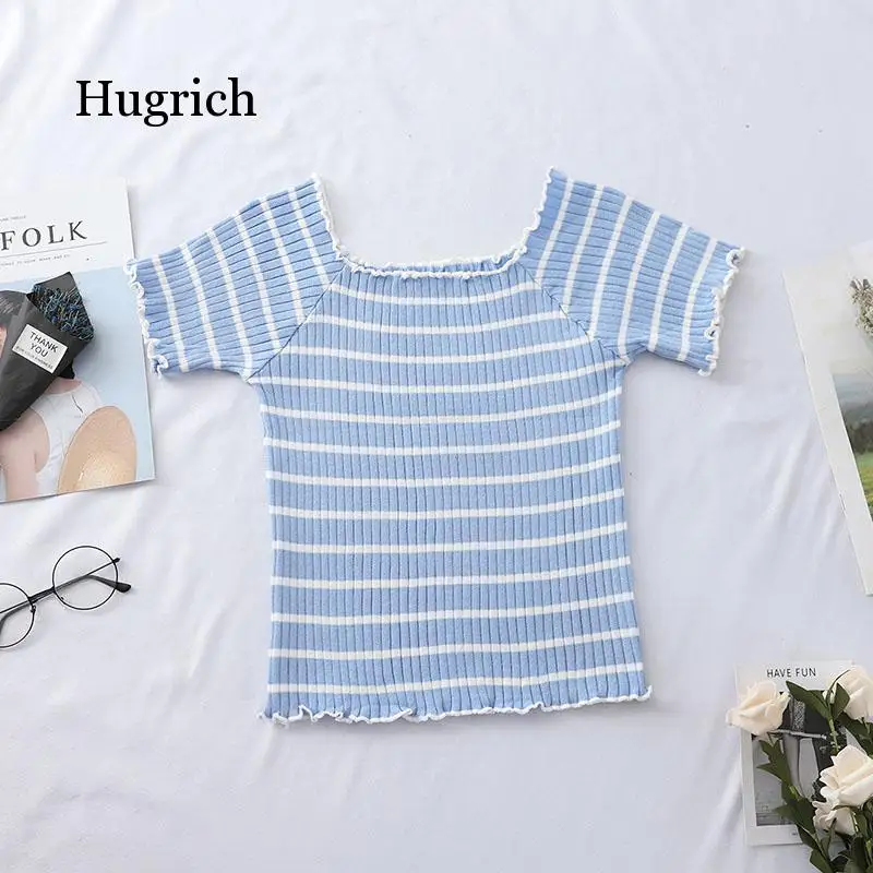 

Women T-Shirt O-Neck Knitting Strips T-Shirt Square Neck Flounce Hem T-Shirts Women Short Sleeve Tees Women 2020 Summer