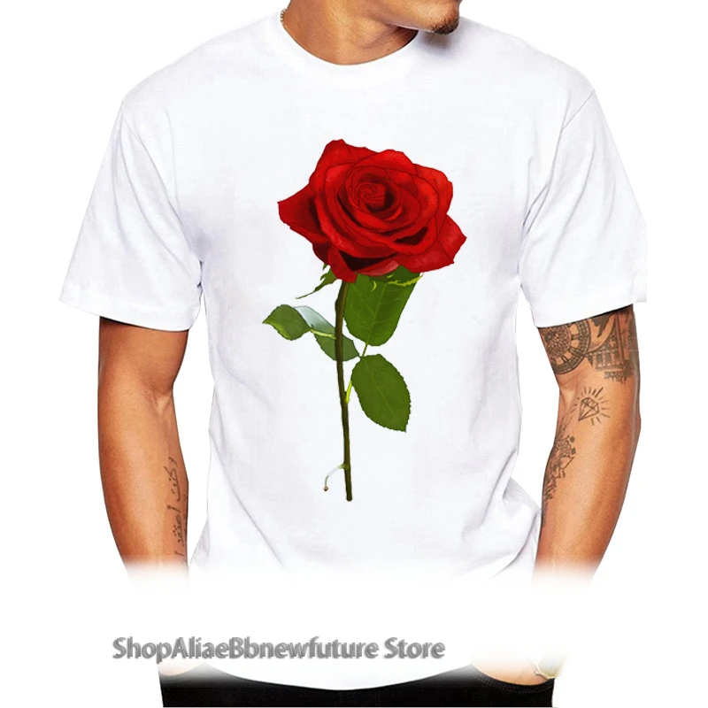 

TEEHUB Fashion Red Rose Men T-Shirt Short Sleeve Tshirts O-Neck Cool Tops Rose Flower Printed Tees