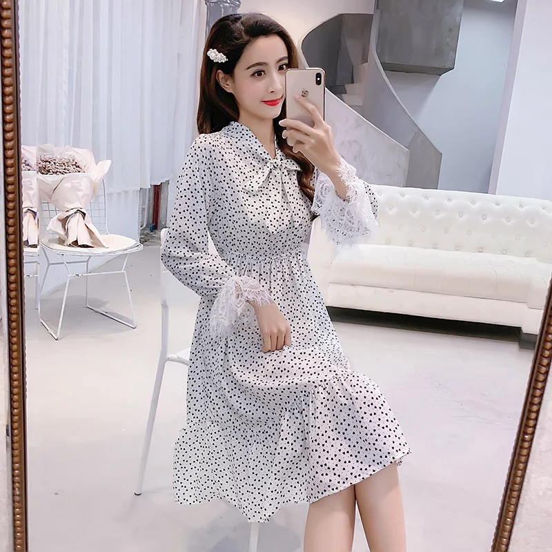 Винтажное длинное женское платье в горошек весенние шифоновые платья белого и