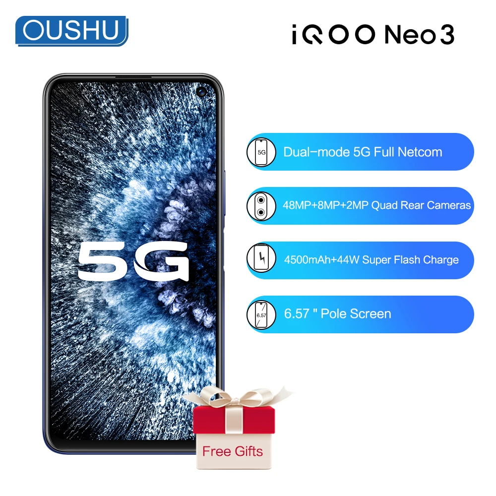IQOO neo 3 двухрежимный 5G смартфон 6G 128G 6 57 ''гоночный экран 48MP Тройная задняя