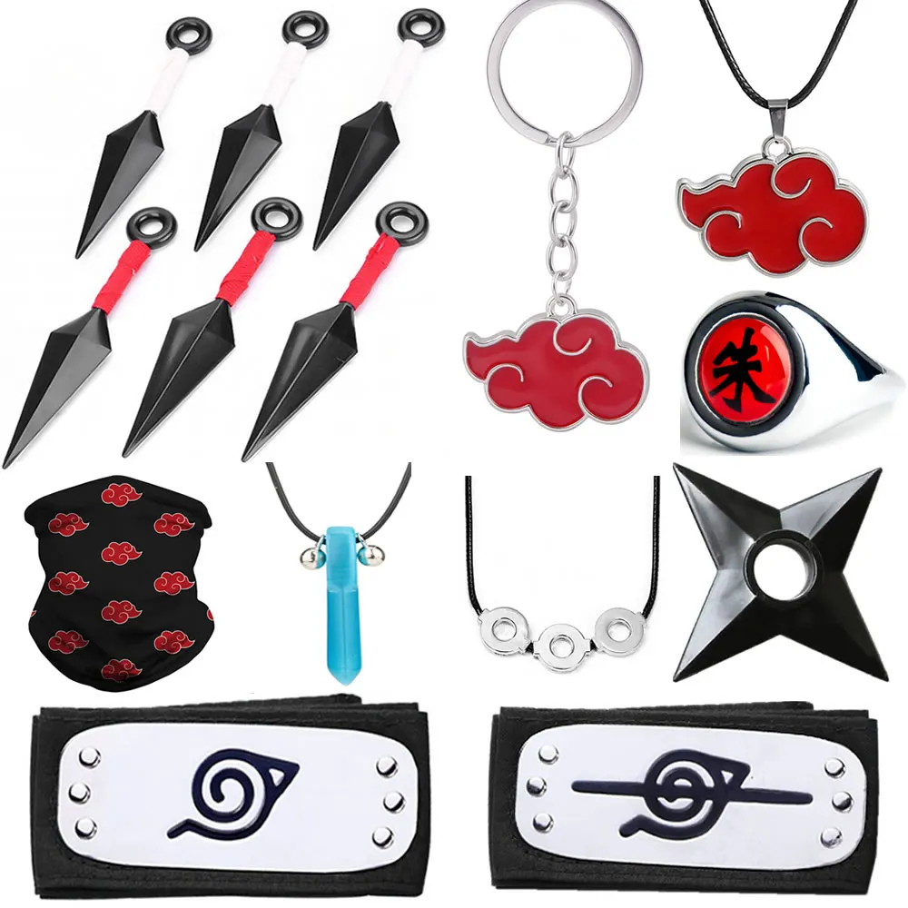 Naruto Anime Cosplay Weapon Kunai Shuriken Headband Ring Pendant Accessories Set Action Figure Akatsuki Kakashi Prop Toy Gift