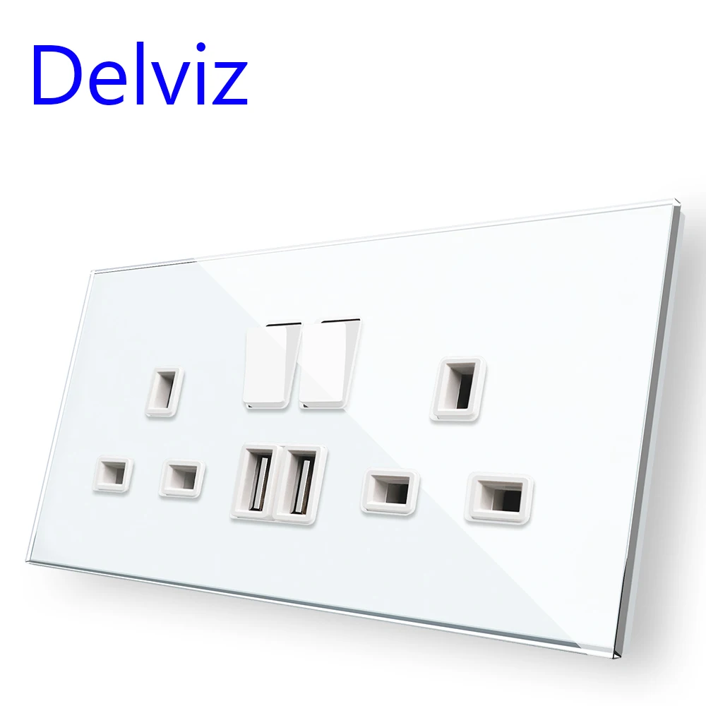 Padrão do Reino Unido de Delviz Painel de Controle do Interruptor Tomada de Parede de Vidro Tomada Dobro Britânica Branco 146mm * 86mm Temperado Usb 13a