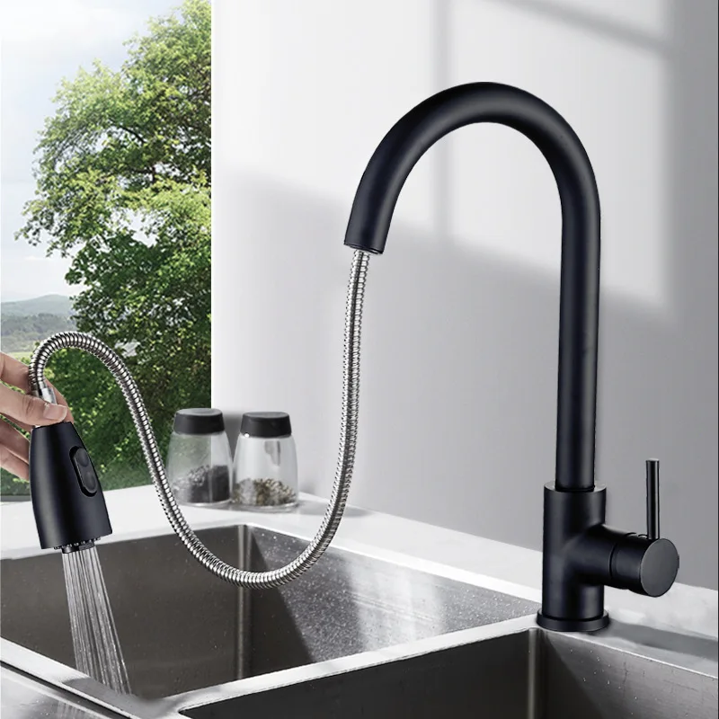 Выдвижной Смеситель для кухни Черный кран с одним отверстием поворотный на 360