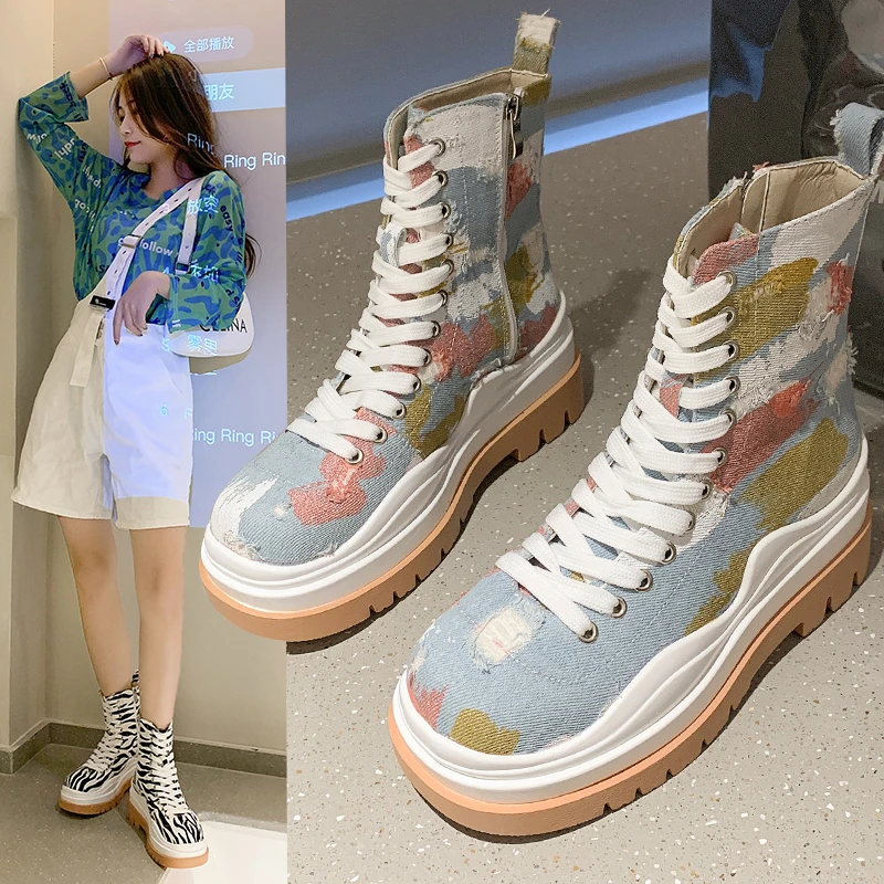 

Women's sports shoes fashion new hot-selling high-top canvas shoes color matching lace-up women's shoes casual platform shoes