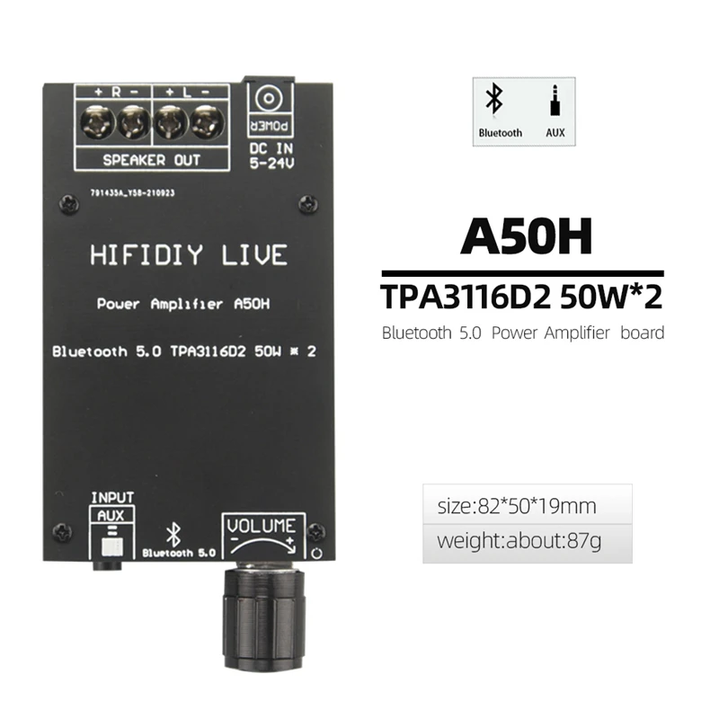 

HIFIDIY LIVE Bluetooth 5.0 AUX TPA3116 Digital Power Amplifier board 2x 50W 100W speaker Stereo Audio AMP Module Home music A50H