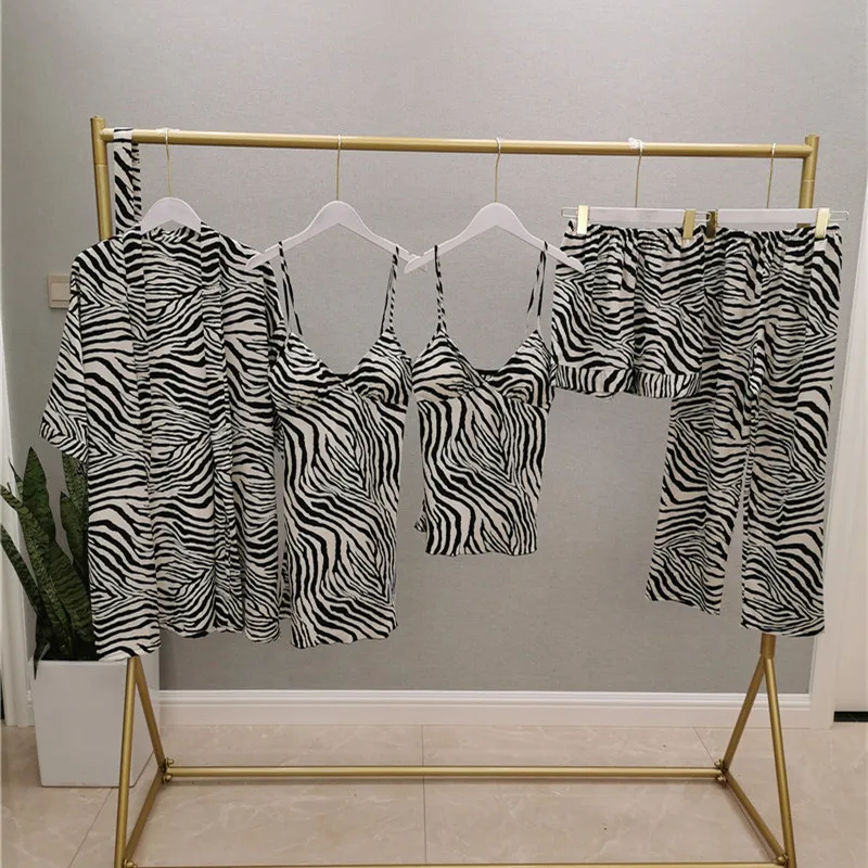 

New Women Pajamas Set Satin 5PCS Sleepwear Silky Kimono Gown Printed Sleep Set Female Casual Pyjamas Suit Home Clothing