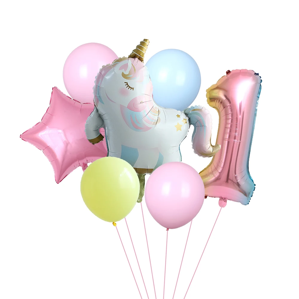 

7pcs Sleeping Unicorn Balloons Rainbow Gradient 32 inch Number 1 2 3 4 5th Boy and Girl Birthday Party Baby Shower Decor Globos