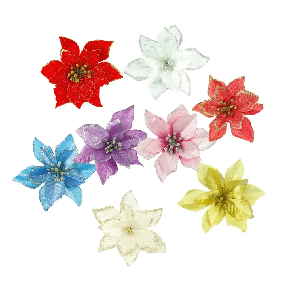 LAPHIL 10pcs Artificial Christmas Flowers Glitter Fake Flower Xmas Tree Ornaments Home Decorations Merry Christmas Party Gift