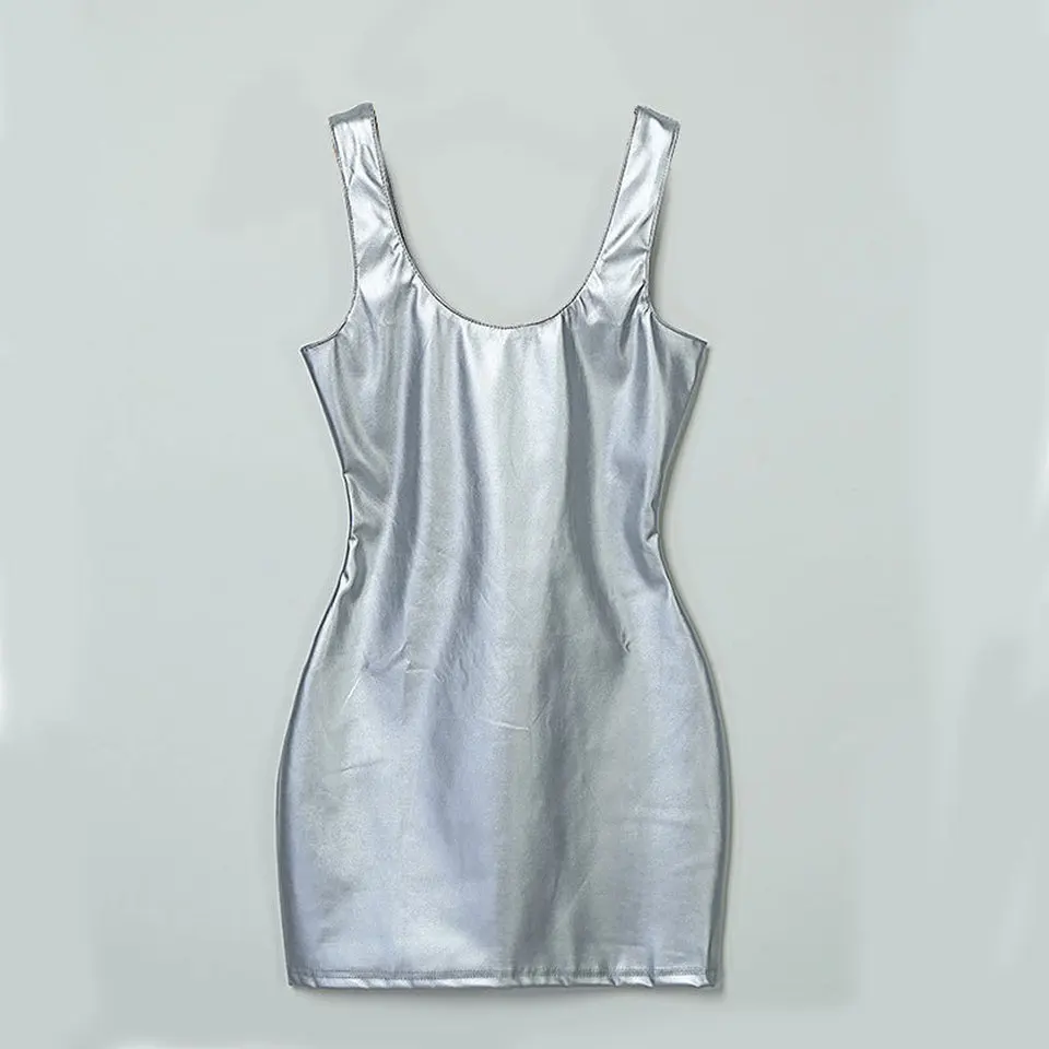 

Nightclub Dress Women's Sexy Bright Silk Bodycon Tight Dress Strapless Female Sleeveless Solid Color Reflective Short Skirt