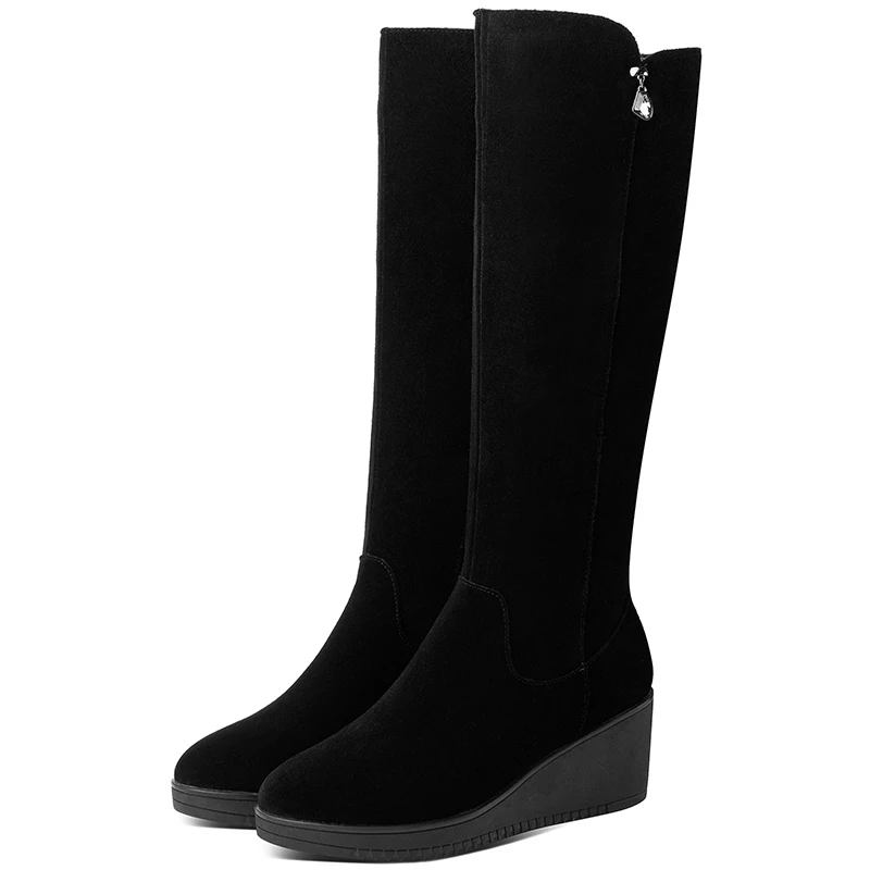 Женские сапоги до колена из натуральной замши на танкетке повседневные Черные