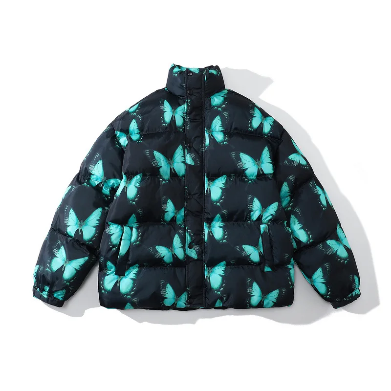 2021 Hip Hop Thick Jacket Parka Butterfly Full Print Mens Windbreaker Streetwear Harajuku Winter Padded Jacket Coat Warm Outwear