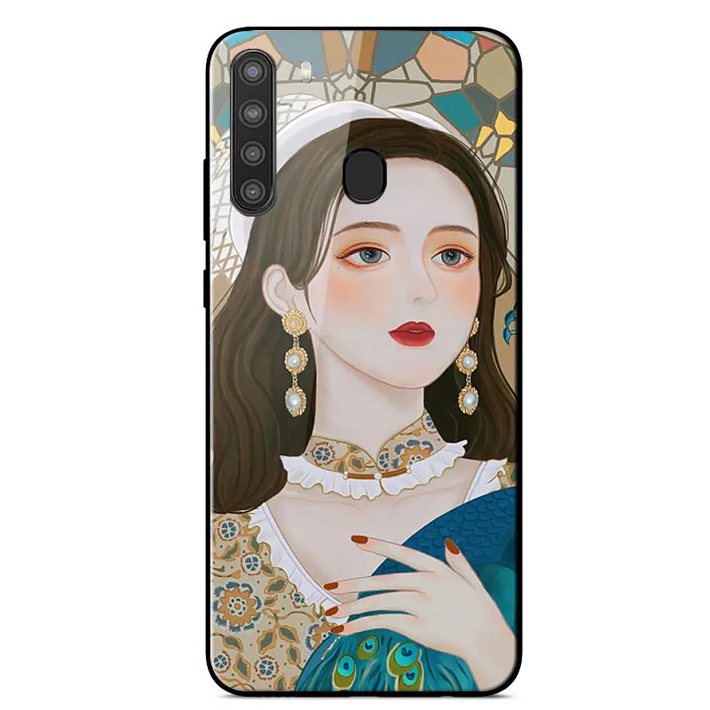 

Tempered glass Case For Samsung A21 Fashion Painted Mirror Scratch resistant shockproof Back Cover For Samsung A21 SM-A215 Cover