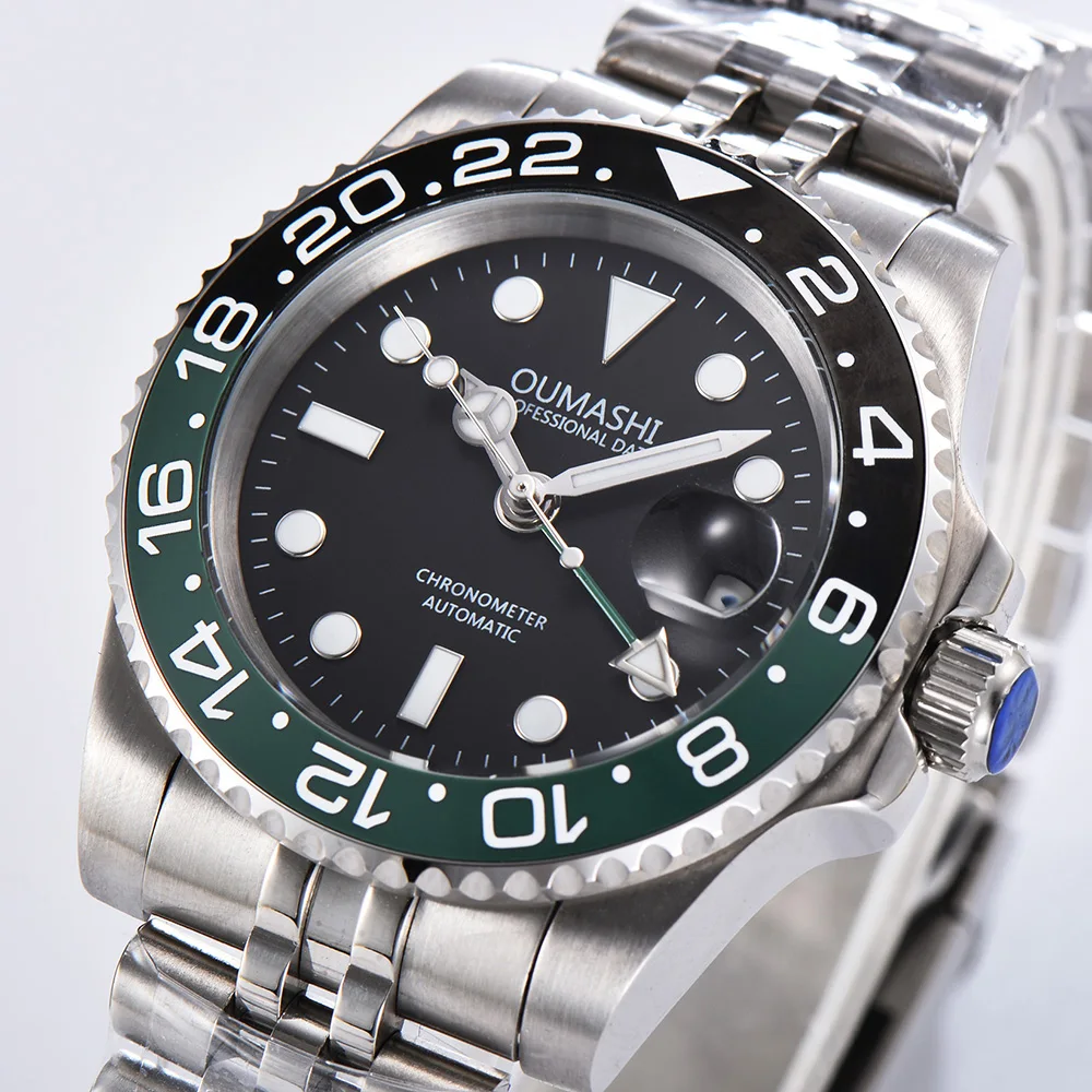 Oumashi автоматические механические мужские часы GMT черный зеленый ободок