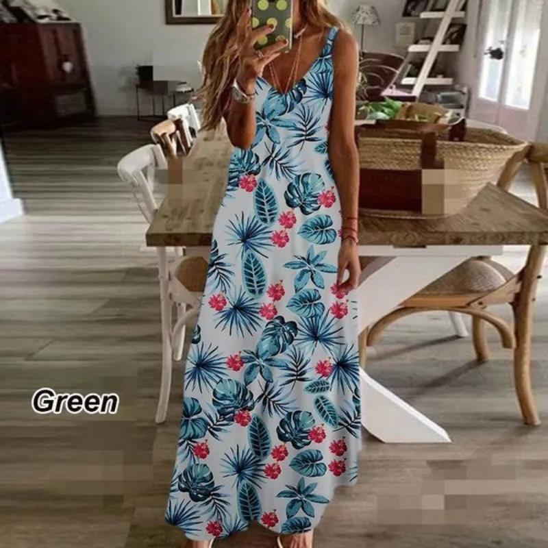 

2020New Women's Fashion Summer Sleeveless Printing Sling Dress Loose Dresses Casual Long Maxi Dresses Ladies Plus Size Party Dre