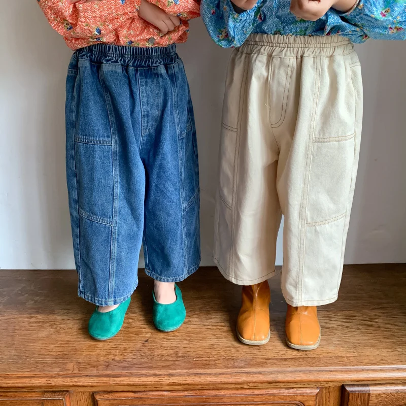 Korean style children casual denim pants unisex oversized jeans boys and girls loose all-match wide leg Trousers 1-7Y