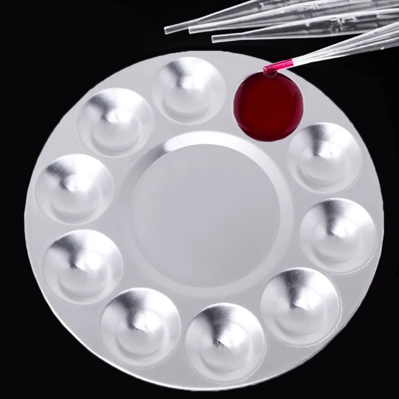 

H05B Aluminum Round Oil Painting Palette Nail Art Color Mixing Plate With 10 Grooves
