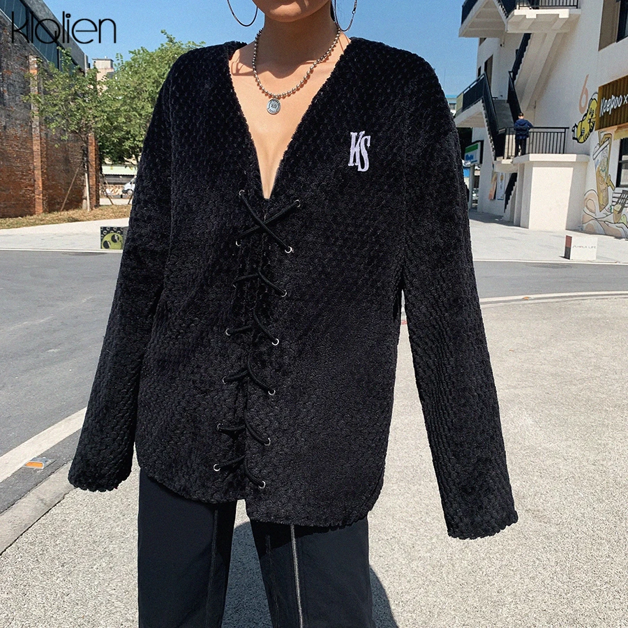 Осеннее уличное повседневное Черное длинное пальто KLALIEN лидер продаж 2019 женское