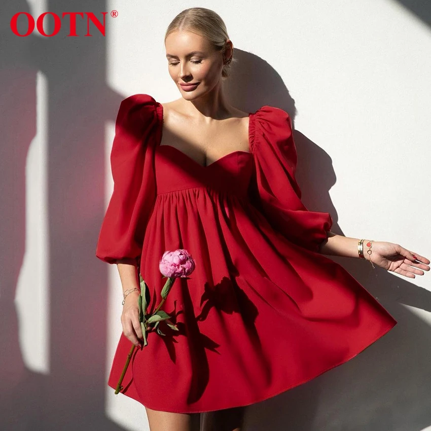 

OOTN Red Sexy Puff Sleeve Ladies Dresses Summer A Line Short Dress Elegant Casual Square Collar Dress Women High Waist Solid
