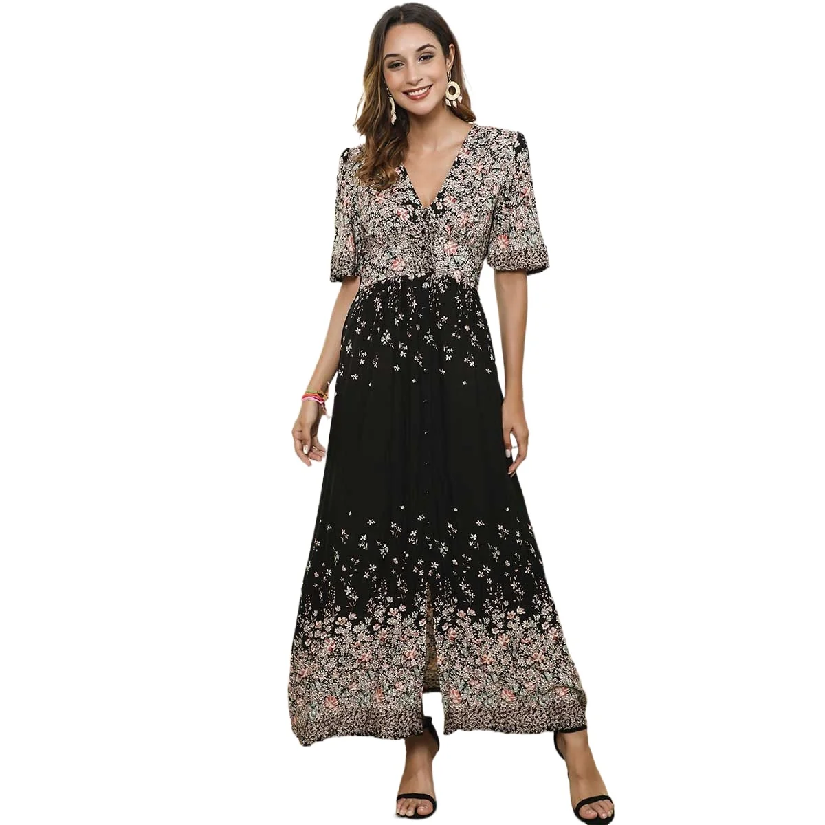 

Short-Sleeve Floral Dress Summer Women's Clothing V-Neck Maxi Dress for Women Long
