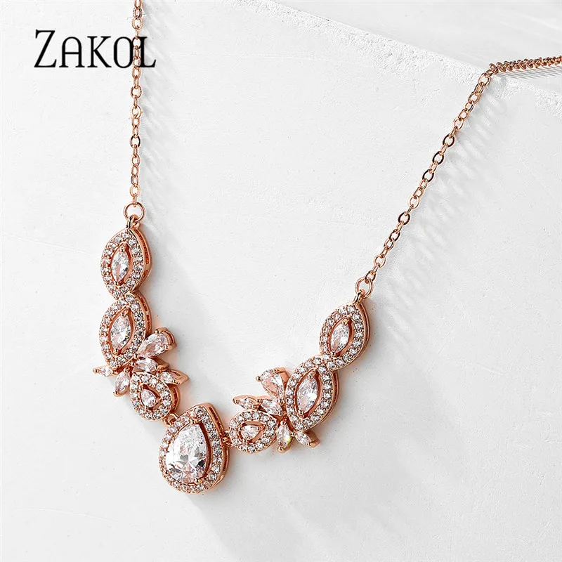 ZAKOL роскошные изысканные капли воды кубический циркон лист цепи колье для женщин