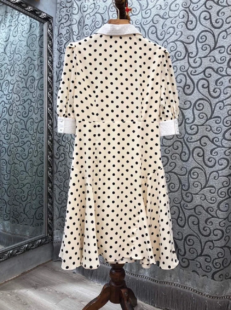 

New Arrival Dress 2020 Autumn Celebrity Style Woman Turn-down Collar Beading Buttons Deco Half Sleeve Vintage Polka Dot Dress