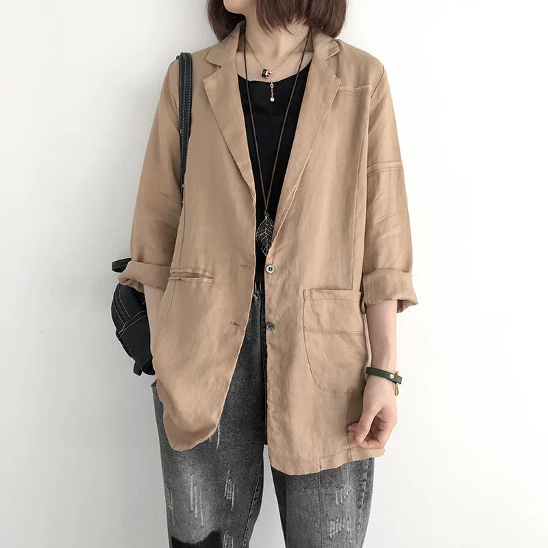 

8981 Linen Solid White Suit JacketSpring Patchwork Pockets Thin Loose Women Coat Button New Fashion Unique Casual Soft Popular