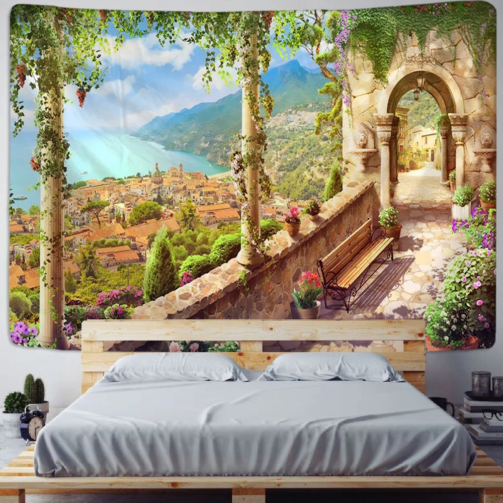 

Balcony City Castle Hill Green Plant Landscape Printing Tapestry Cheap Hippie Wall Hanging Bohemian Wall Tapestries