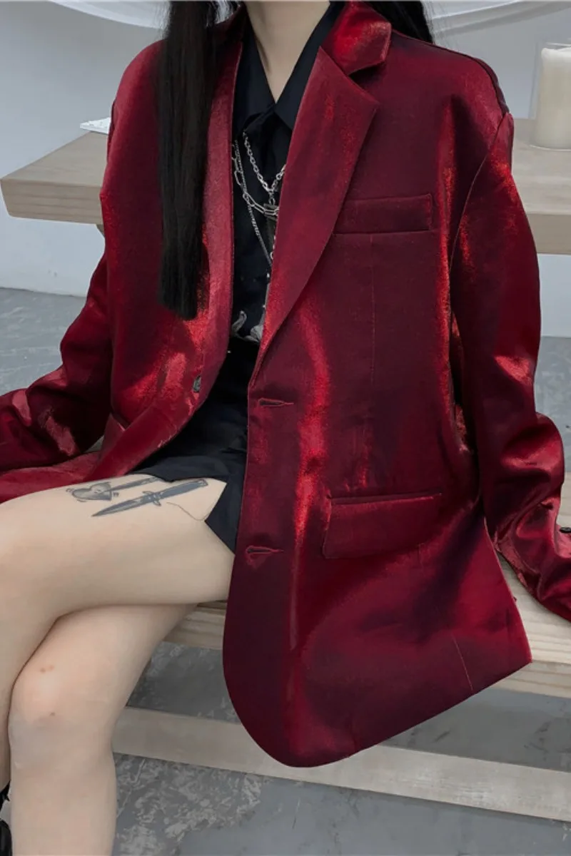 

2021 New Hot Fashion Solid Color Lapel Satin Blazer Womens Elegant Vintage Casual Loose Temperament Coat Tide